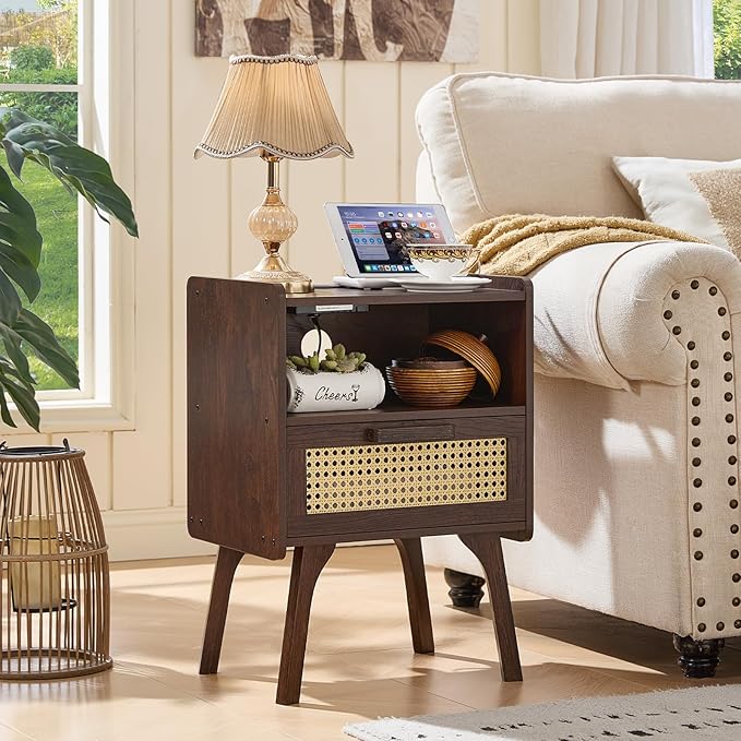 Lerliuo Rattan Nightstand with Charging Station, Walnut Bedside Table with - Image 9