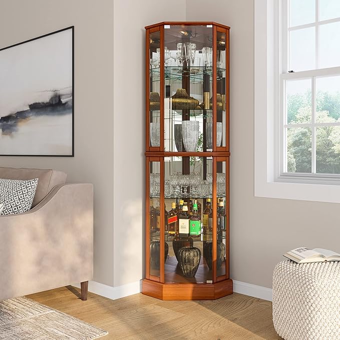 BELLEZE Lighted Curio Cabinet Corner Display Case - Image 4