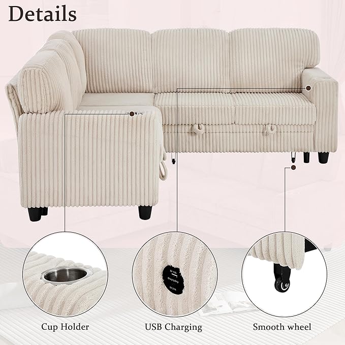 L-Shaped Sectional Couch with Storage and Pull Out Bed, Convertible Sofa Bed - Image 7