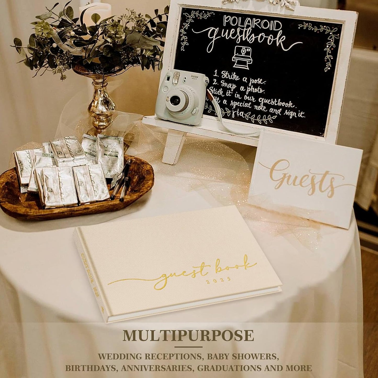 Lanpn Wedding Guest Book 2025 - Linen Hardcover Polaroid Guestbook Wedding Reception with 108 Blank Pages for Sign in and Photos - Guest Book for Wedding Bridal Shower Baby Shower Party (Pink)