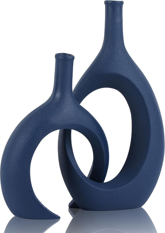 Blue Ceramic Vase Set of 2 - Modern Navy Blue Vase for Dining Table Centerpieces, Farmhouse and Home Decor, Office Partitions, Mantelpiece, Entrance Decoration