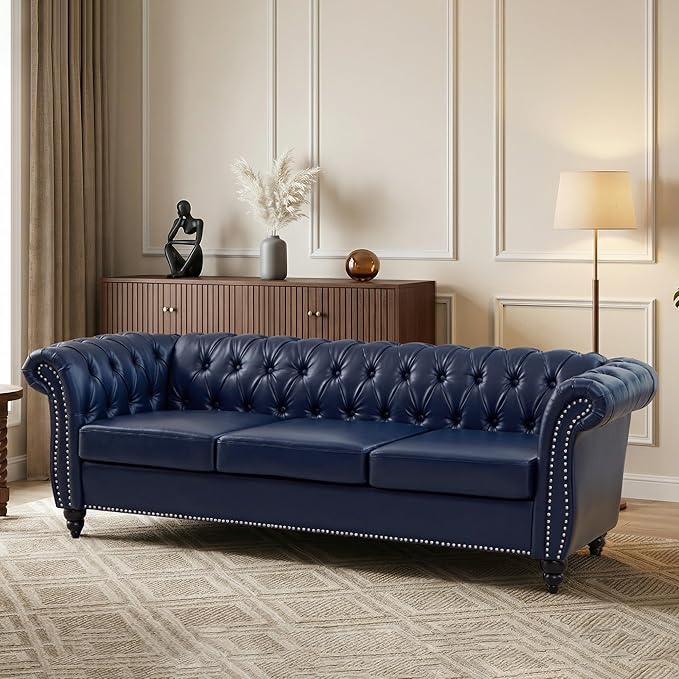 Mid-Century 3 Seater Sofa, Faux Leather Couch by YUCHIATHSoulFurniture