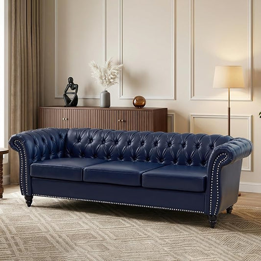 Mid-Century 3 Seater Sofa, Faux Leather Couch by YUCHIATHSoulFurniture