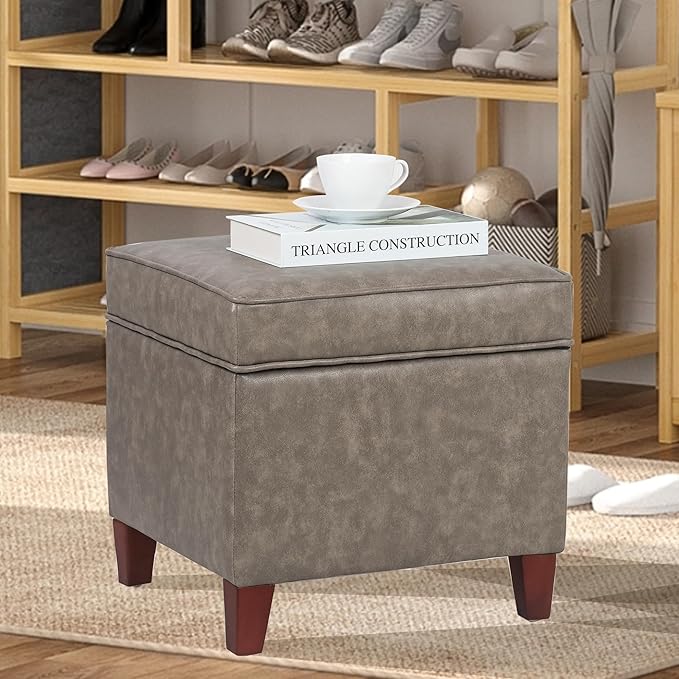 Adeco 17.5" Square Storage Ottoman, Faux Leather Flip Top Footstool & Coffee - Image 8
