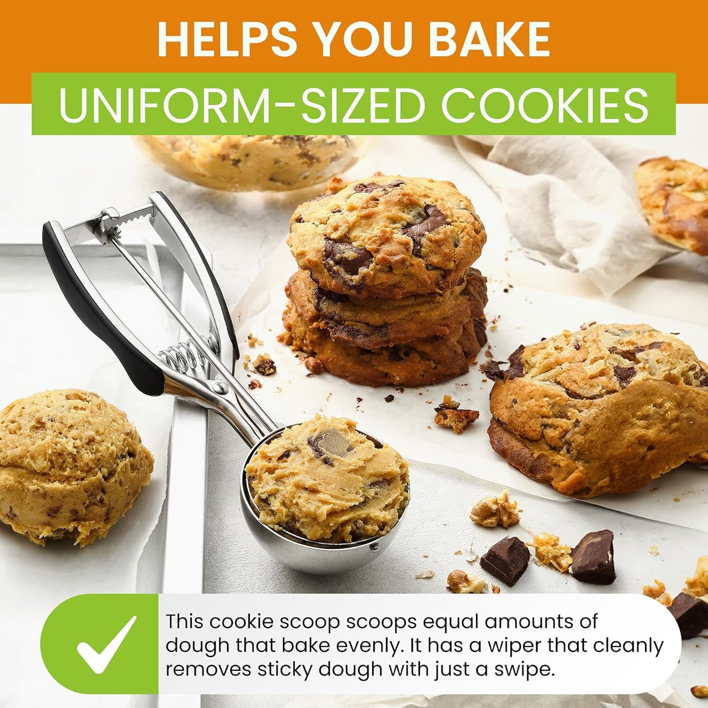 Spring Chef Extra Large Cookie Scoop, 18/8 Stainless Steel Melon Baller Scoop, Spring Loaded Trigger Release for Cookie Dough, Ice Cream, Meatball, Cupcake, 5.5 tablespoon (tbsp) portion, #10, Black