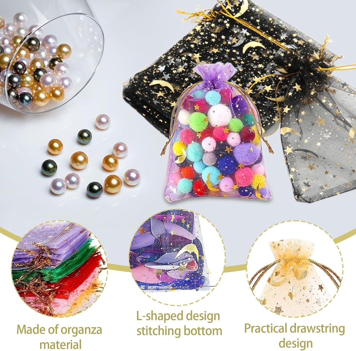500 Pcs Moon Star Organza Jewelry Candy Bags Wedding Favor 2.8x3.5 Inch with Drawstring Multi Colored Candy Mesh Jewelry Bags for Wedding Party Christmas, Baby Shower, Eid Mubarak (Multicolor)
