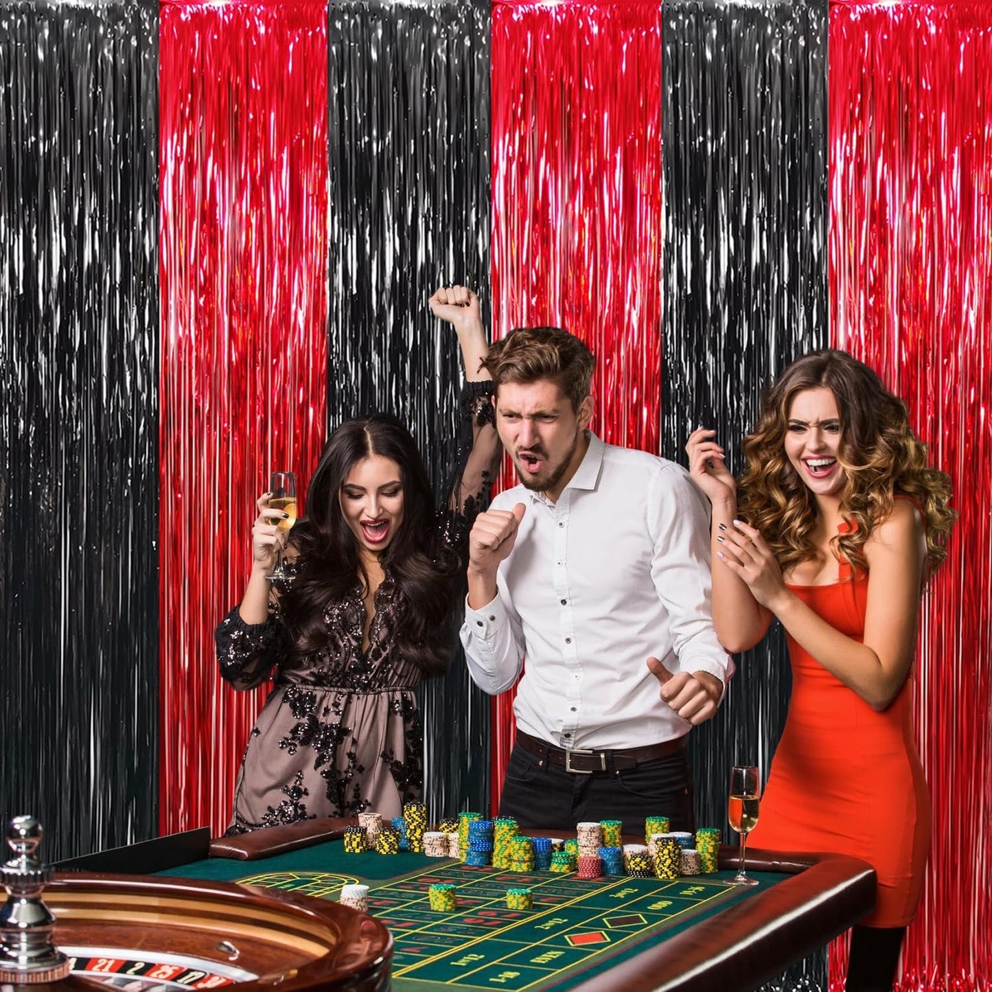 GOER 6.4 ft x 8.2 ft Metallic Tinsel Foil Fringe Curtains,Pack of 2 Party Streamer Backdrop for Birthday,Graduation Decorations and New Year Eve (Black&Red)