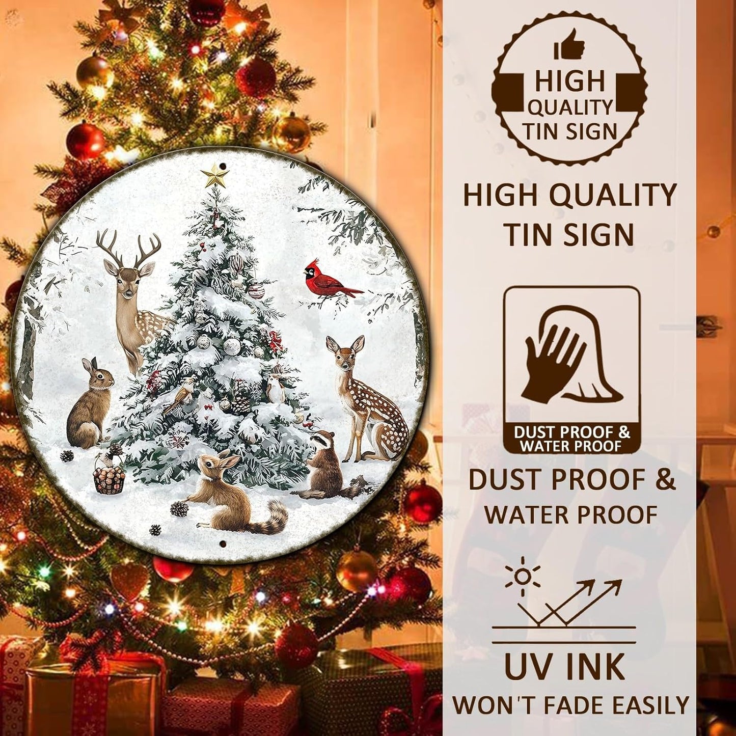 Round Christmas Snow Animals Metal Tin Sign - Vintage Christmas Tree & Winter Sign for Home & Outdoor Decorations - 8 * 8 in