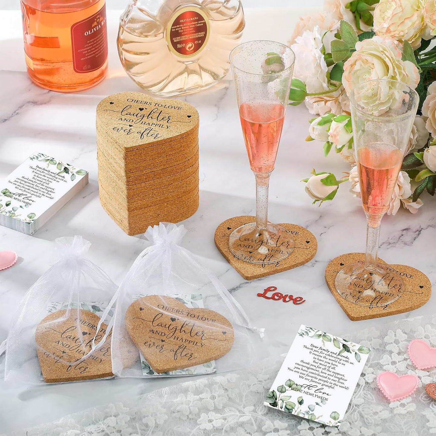 Uiifan 25 Set Wedding Favors for Guest Coaster Gifts Bulk Heart Shaped Coasters Thank You Cards Organza Bags Guest Souvenirs for Wedding Party Bridal Favors