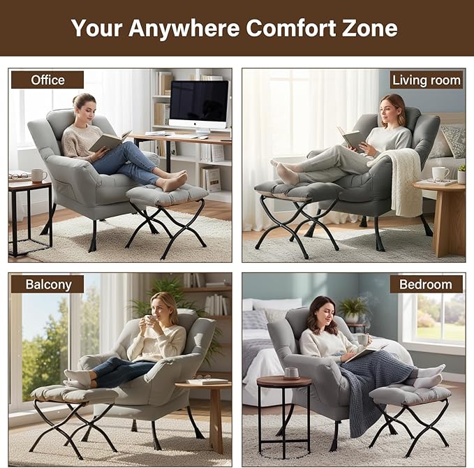Welnow Lazy Chair with Ottoman, Modern Accent Chair with Armrests and a Side - Image 8