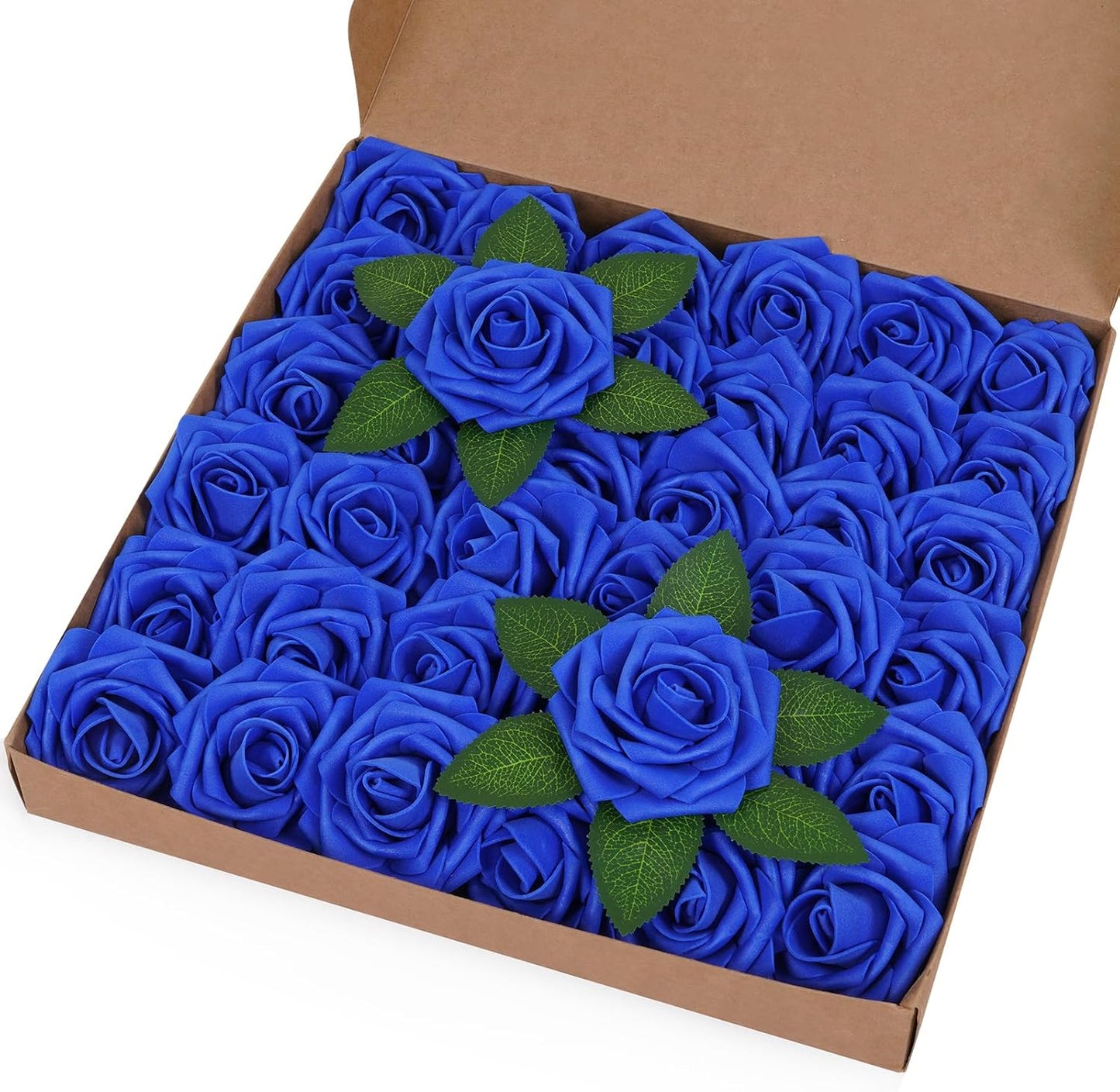 BLEUM CADE 36Pcs Artificial Flowers Fake Roses with Stems, Royal Blue Boxed Foam Roses for DIY Bouquets Centerpieces Wedding Party Arrangement Bridal Shower Decor