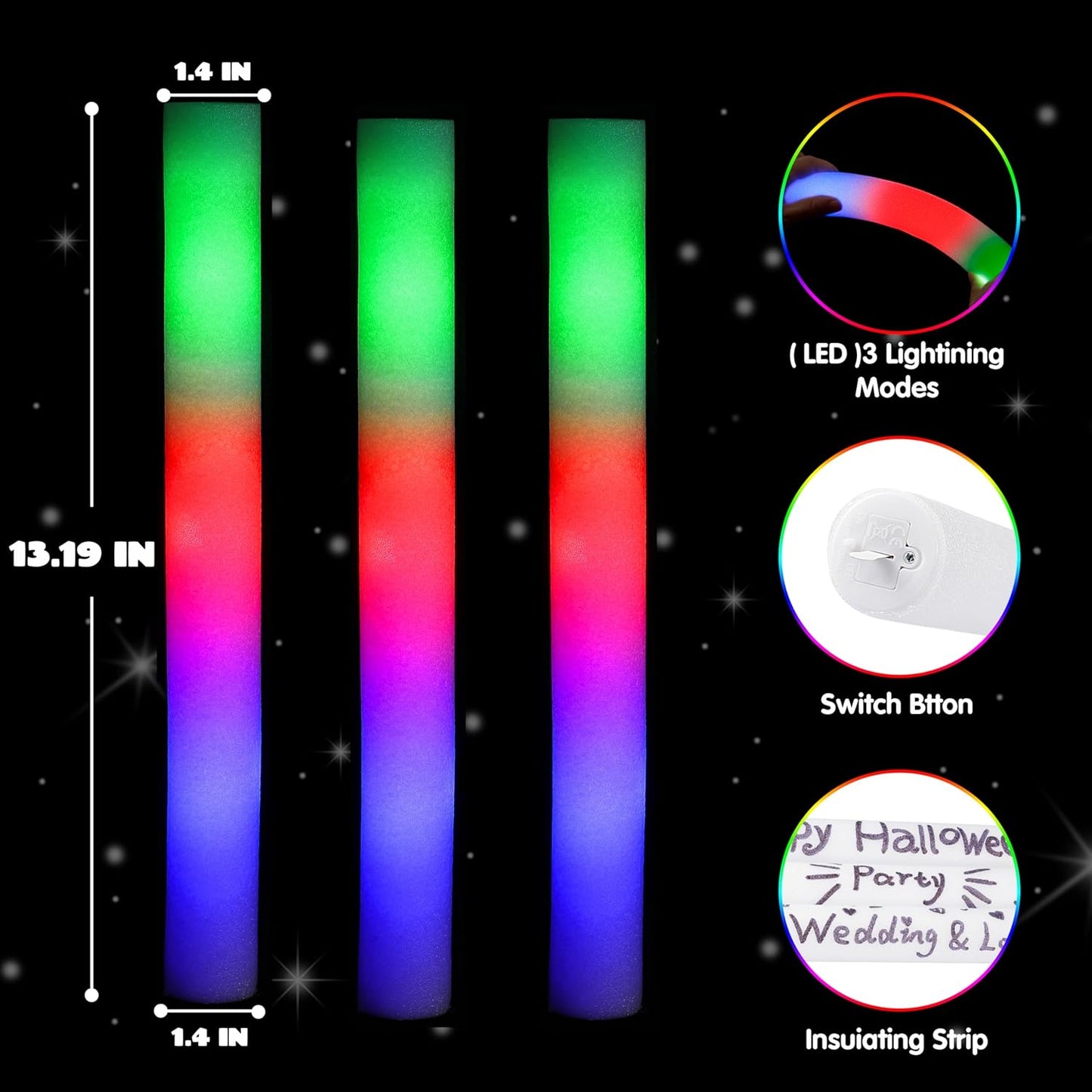 JOYIN 100 PCS LED Light Up Foam Sticks, Glow Sticks Party Favors Bulk with 3 Modes Color Flashing Glow Party Supplies for Halloween, Spooky Celebrations, Wedding, Camping, Birthday, Raves, Carnival