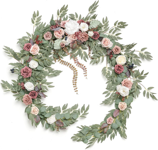Ling's Moment 9FT Eucalyptus and Willow Leaf Garland with White Flower, Handcrafted Wedding Sweetheart Table Centerpieces Head Table Decor Arch Backdrop Decorations for Wedding | Dusty Rose & Mauve