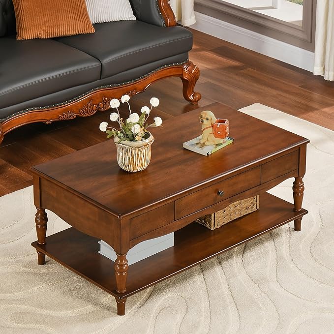 Rectangular Coffee Table with 2 Storage Drawers, Mid-century Solid Wood Living by MODERION-YourHomeSoulMate