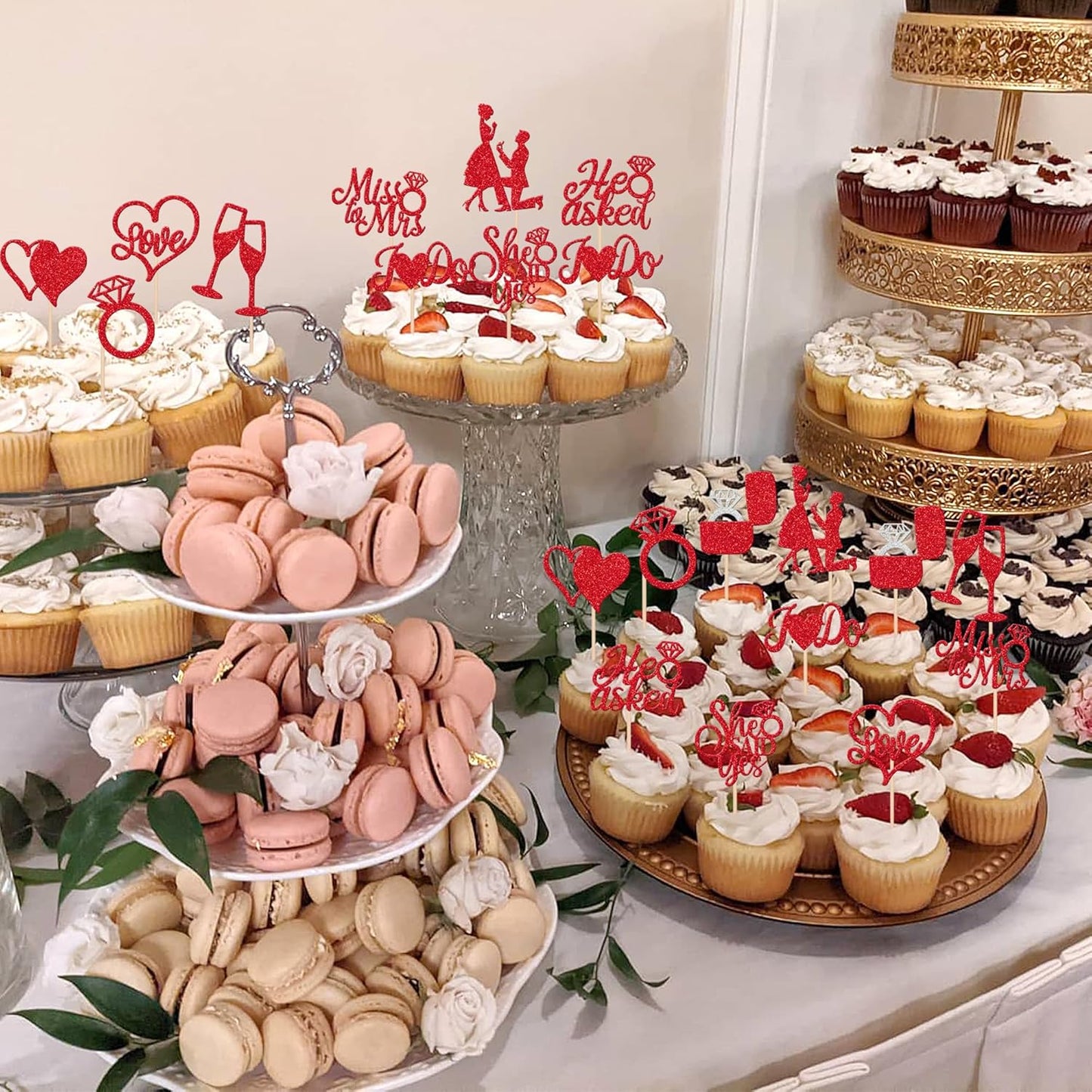 30 PCS He Asked She Said Yes Cupcake Toppers Glitter Engagement Cupcake Toppers Miss to Mrs I Do Love Heart Ring Miss to Mrs Cupcake Picks for Wedding Engagement Party Cake Decorations Supplies Red