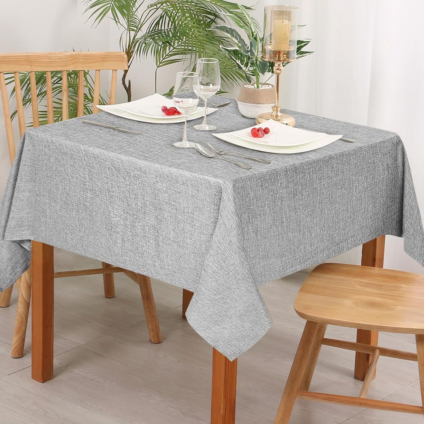 Hiasan 2 Pack Faux Linen Square Tablecloth - Wrinkle and Stain Resistant Washable Table Cloth for Kitchen Dining Room Holiday Table Cover for Party Dinner, Light Grey, 70 x 70 Inch