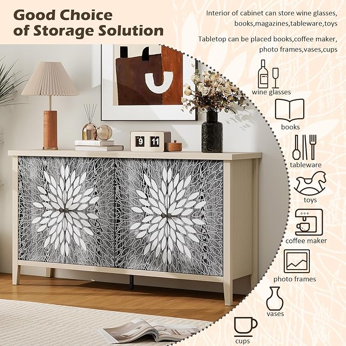 58'' Large Sideboard Buffet Kitchen Storage Cabinet, 4 Door Carved Modern - Image 3