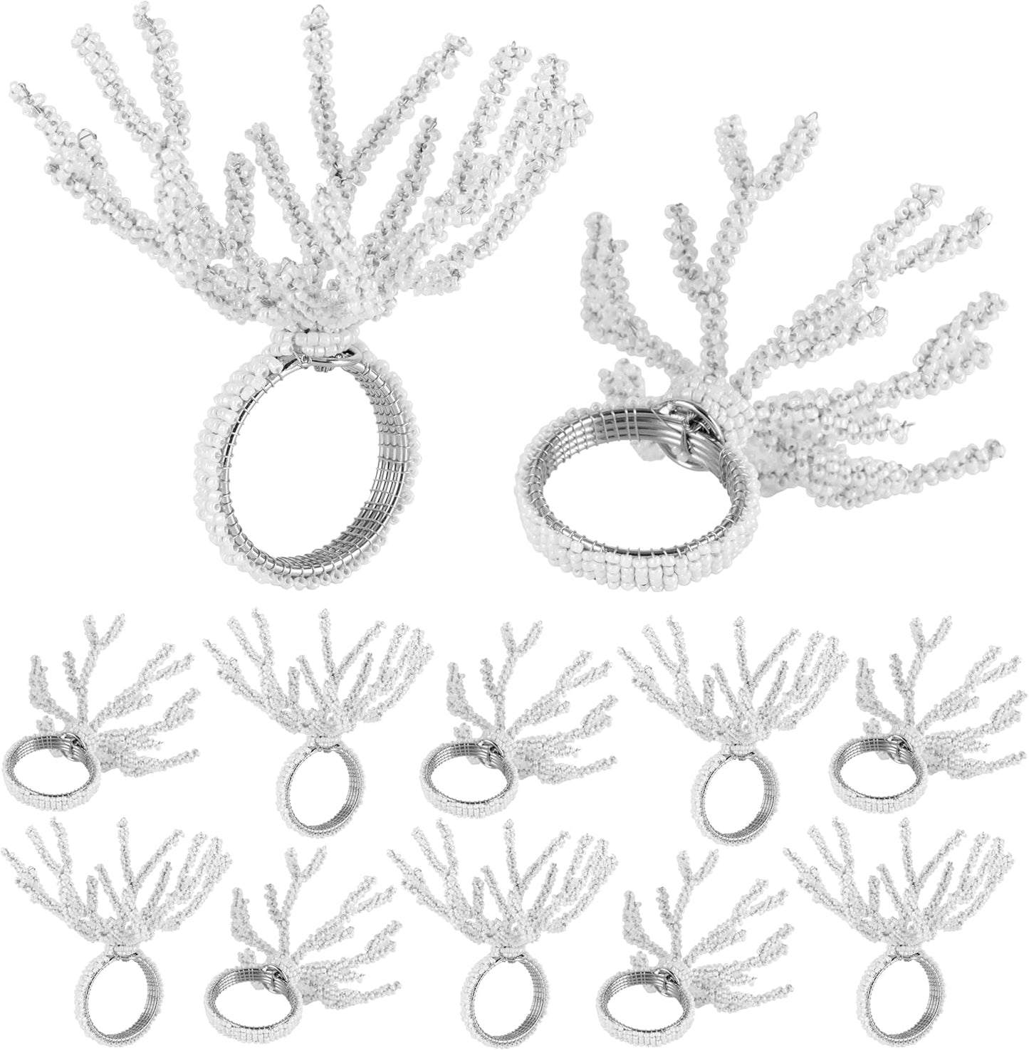 Beaded Napkin Rings Set for Dining Table - Elegant Pearl White Glass Beads with Silver Finish – Perfect for Weddings, Coastal Décor, Parties & Holiday Entertaining (White) - CLEENTABLE