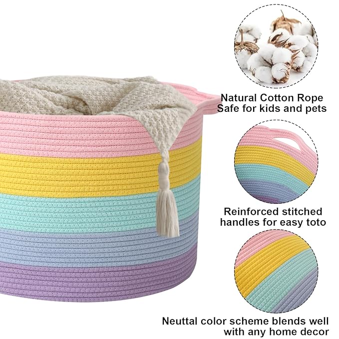 90L Large Blanket Basket, 21.7"L x 21.7"W x 13.8"H Rope Woven Baskets - Image 3
