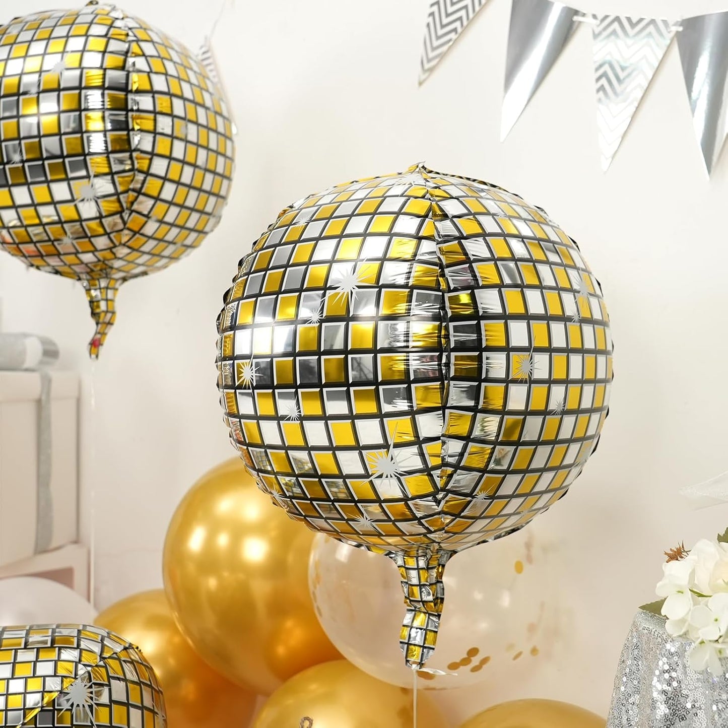 Disco Ball Balloons 4PC,Foil Disco Balloons 22 Inch 4D Round Metallic Gold Silver Balloon for 70s 80s Birthday Bachelorette Graduation Decorations