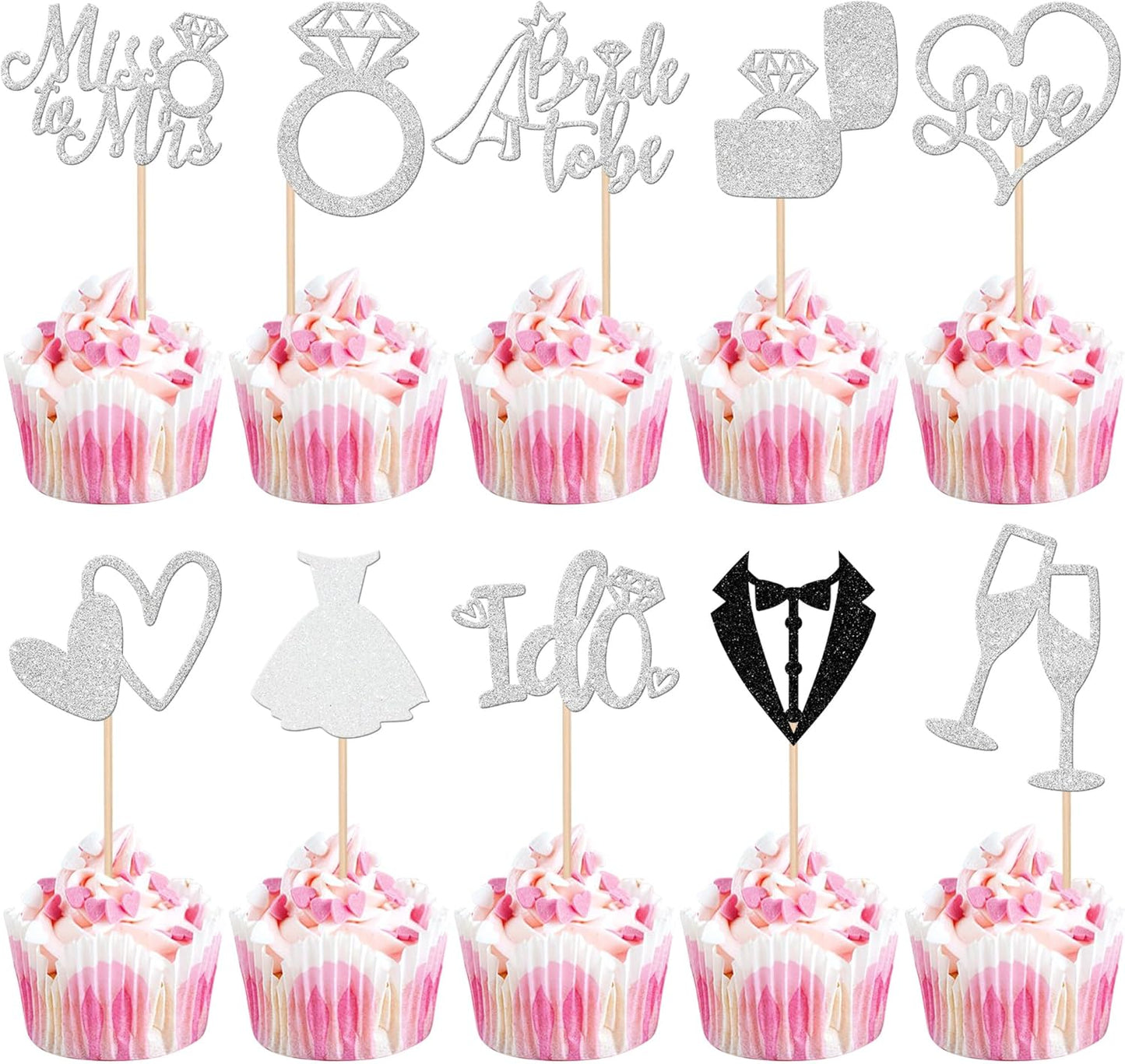 30 PCS Bride to Be Cupcake Toppers Glitter Wedding Cupcake Decorations I Do Love Heart Ring Miss to Mrs Cupcake Picks for Wedding Engagement Bridal Shower Party Cake Decorations Supplies Silver
