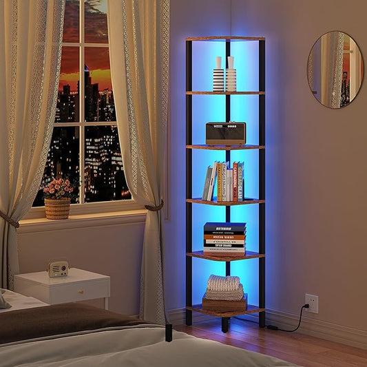 TUTOTAK Corner Shelf with LED Light, 6-Tier Corner Bookshelf by ChoosetutotakFurnitureBuildYourCozyHome