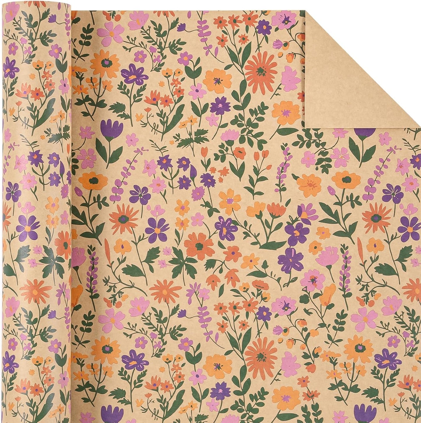 WRAPAHOLIC Kraft Floral Wrapping Paper Roll - Mini Roll - 17 Inch x 33 Feet - Vintage Flower Wrapping Paper, Perfect for Wedding, Birthday, Bridal Shower, Tea Party