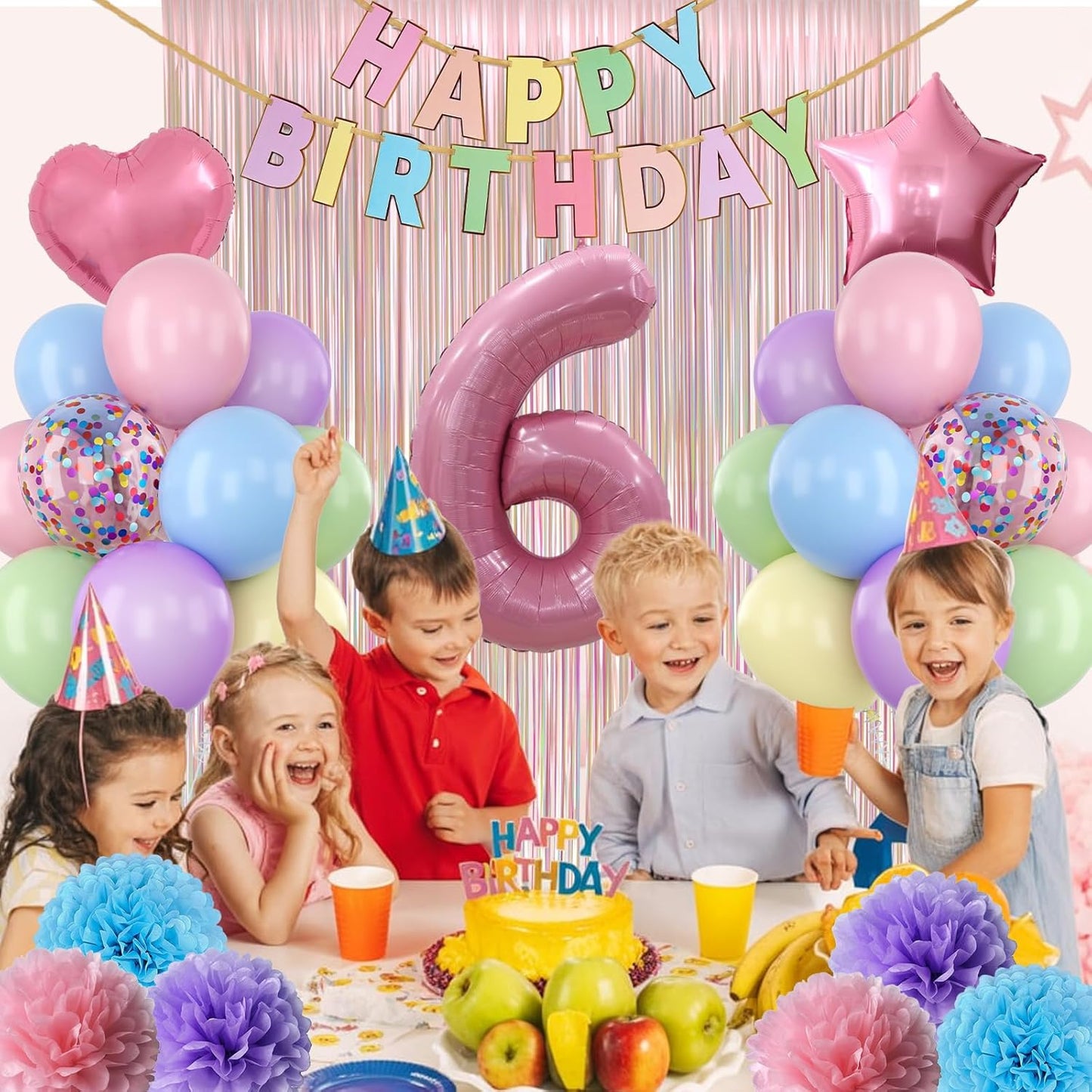 Pastel 6th Birthday Party Decorations for Girls Number 6 Balloon Happy Birthday Banner Butterfly Stickers Fringe Curtain Paper Pom Poms Macaron Pink Star Heart Foil Colorful Balloons 6 Year Old Decor