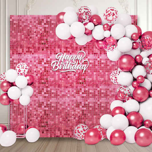 24PCS Deep Pink Shimmer Wall Backdrop, Laser Square Sequin Photo Backdrops Panel, Glitter Wall Background for Birthdays, Weddings, Christmas, Engagements, Disco Bachelorette Party Decor (4FTx6FT)