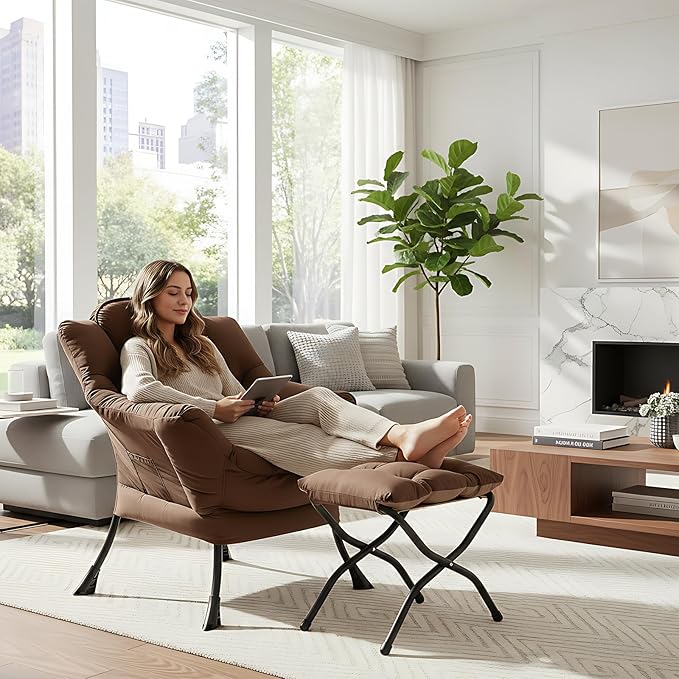 MBOOYOME Lazy Chair with Folding Ottoman, Modern Accent Armchair with Armrests - Image 2