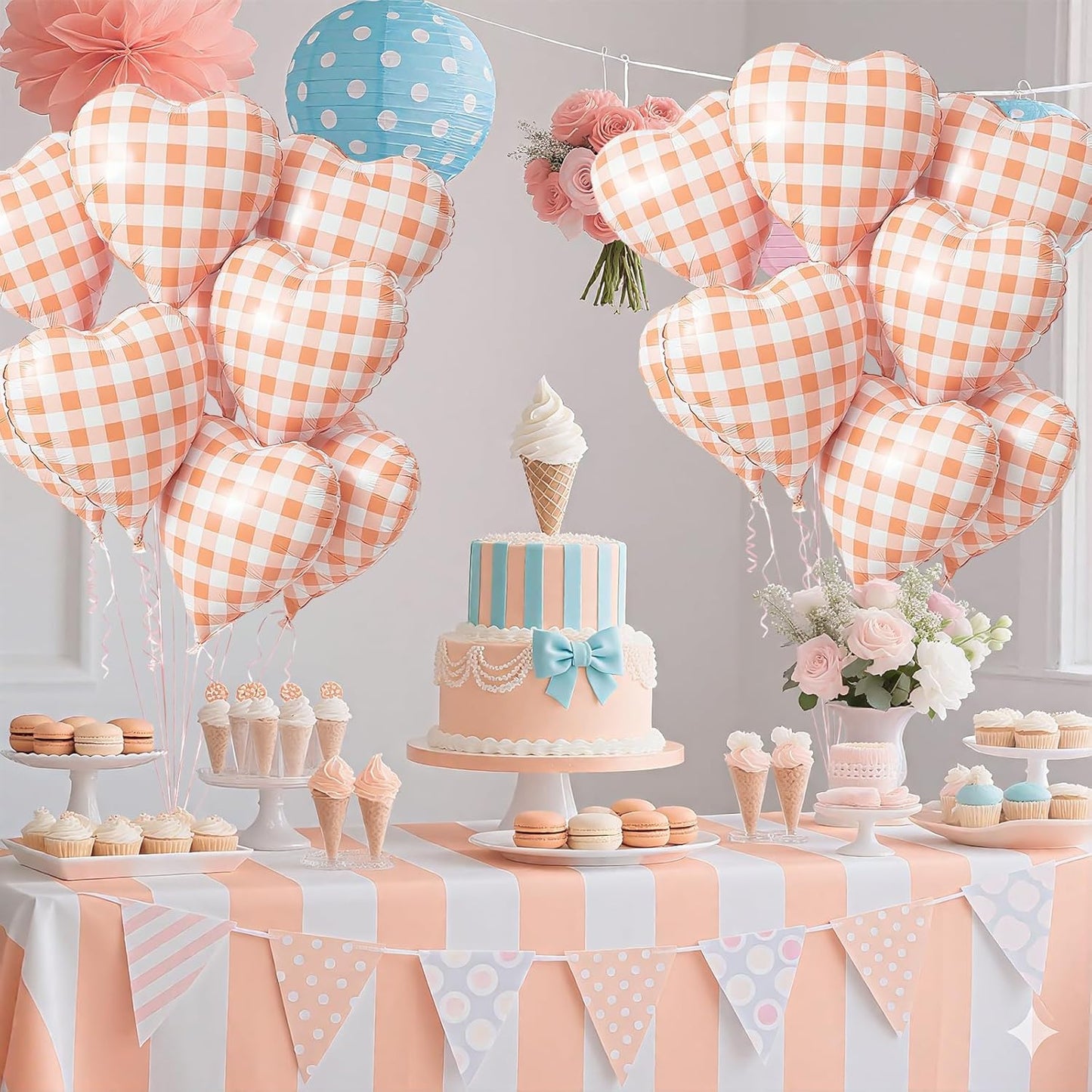 Red White Checkered Heart Balloons,12Pcs 18Inch Red Grid Heart Shaped Foil Helium Polyester Film Balloons for One Silly Goose Birthday Baby Shower Party Decorations