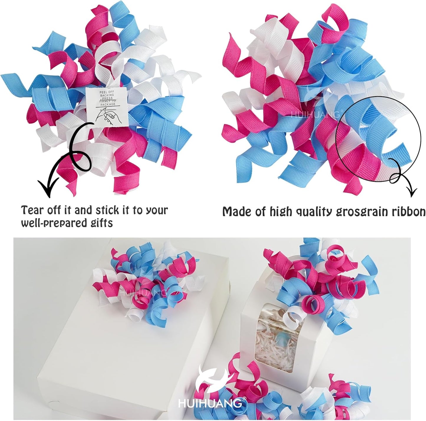 HUIHUANG Baby Shower Bows for Gift Wrapping, Blue/Pink/White Curly Ribbon Bows Self Adhesive Burst Gift Bow for Gender Reveal Party, Baby Shower Favors, Wine Bottle, Treat Bags - 6 Counts