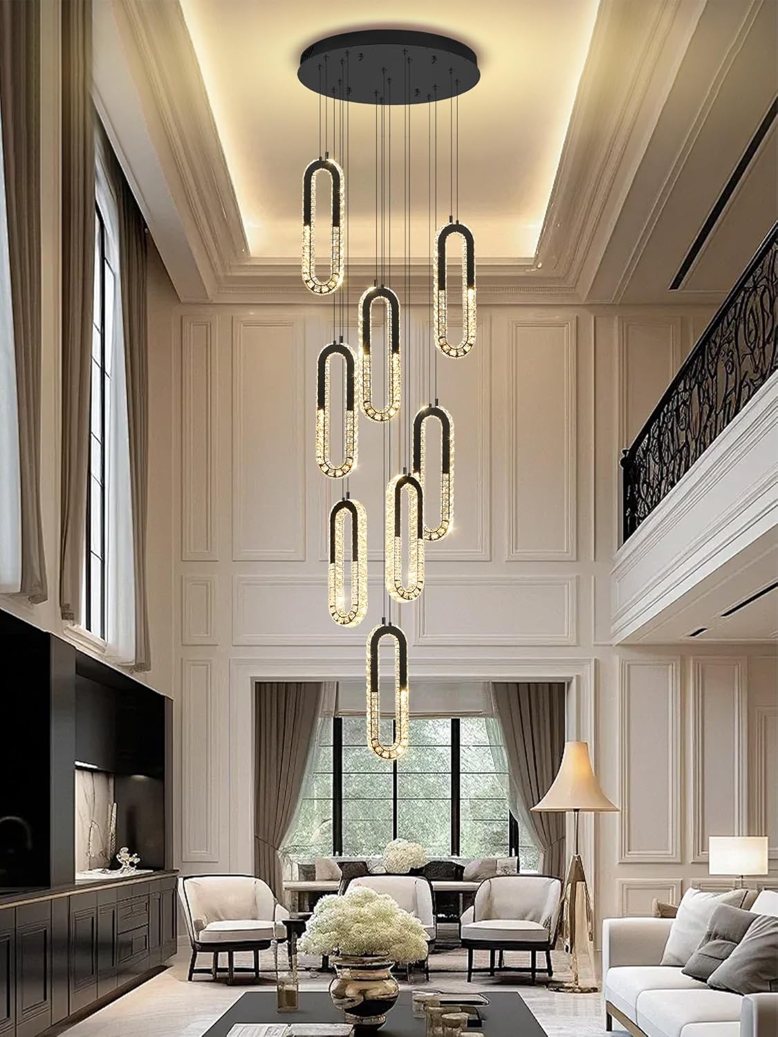 8 Rings Crystal Chandelier,H 118" Modern Black Pendant Light Luxury Foyer Lighting Fixture High Ceiling Chandelier for Entryway,Staircase,Living Room,Villa LED Dimmable 2700K-6000K