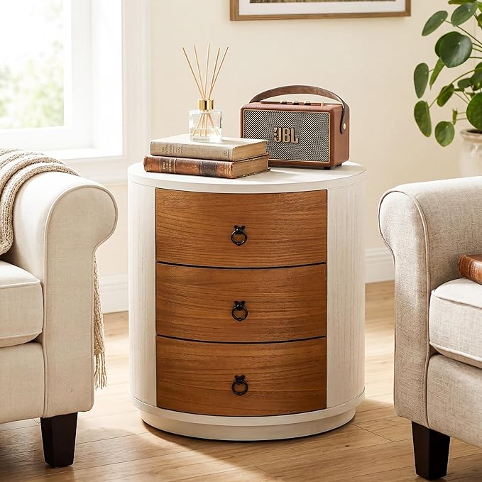HOMPUS Round 3 Drawer Nightstand Set 2, Farmhouse Chest of Drawers, No Assemble - Image 4