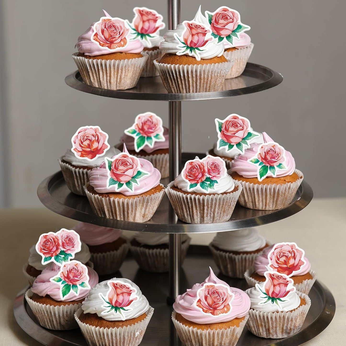 48PCS Edible Rose Flower Cupcake Toppers Wafer Paper Roses Decorations Flower Birthday Party Decorations Rose Cake Toppers for Wedding Engagement Birthday Party Cake Decor Supplies (Pink)