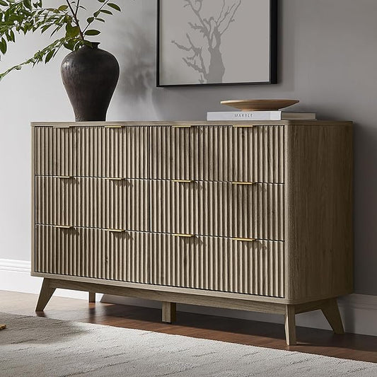 T4TREAM Fluted 6 Drawers Dresser, Curved Profile Design, Dresser TV Stand by T4TREAMFurniture
