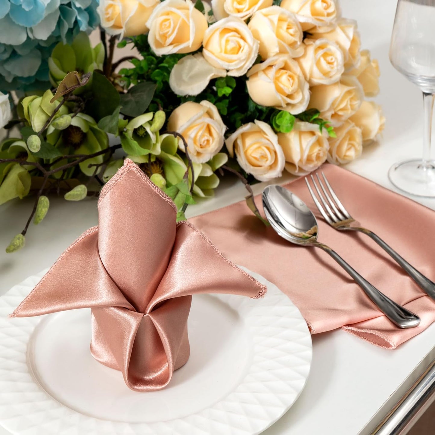 36 Pack Square Satin Dinner Napkins, 16x16 Inches Silky Soft Smooth Table Cloth Napkins for Restaurant Weddings Banquet Party Decoration, Rose Gold