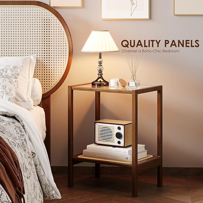 Bamworld Rattan Side Table Living Room Glasstop Night Stand Boho End Table - Image 4