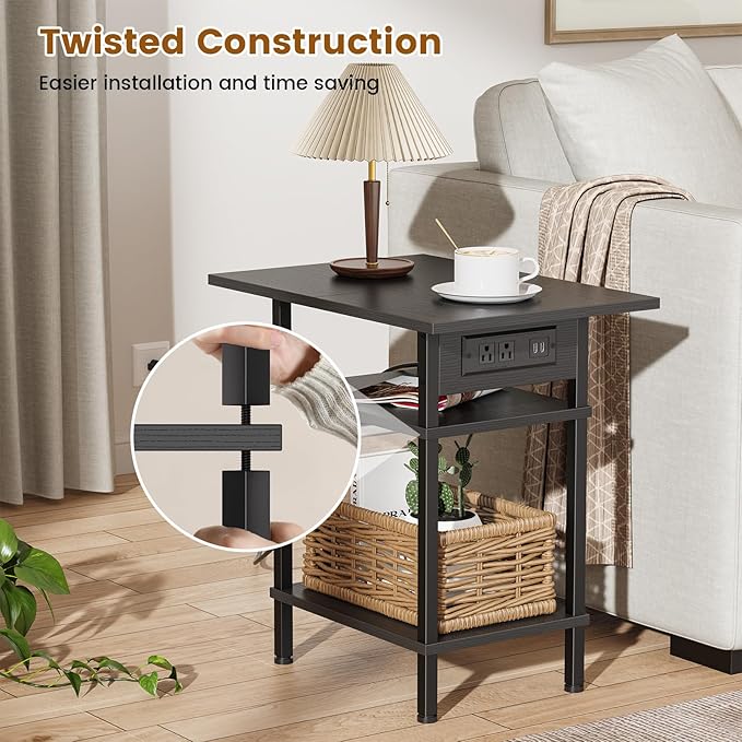 Asgolion Side Table with Charging Station, Skinny Nightstand with USB Ports and - Image 6