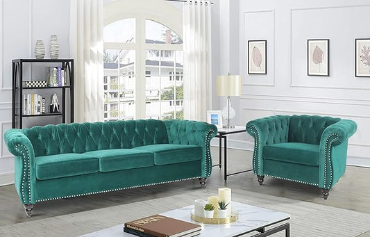 RARZOE Modern 2 Pieces Living Room Sofa Set, Contemporary Tufted Button Velvet by RARZOE
