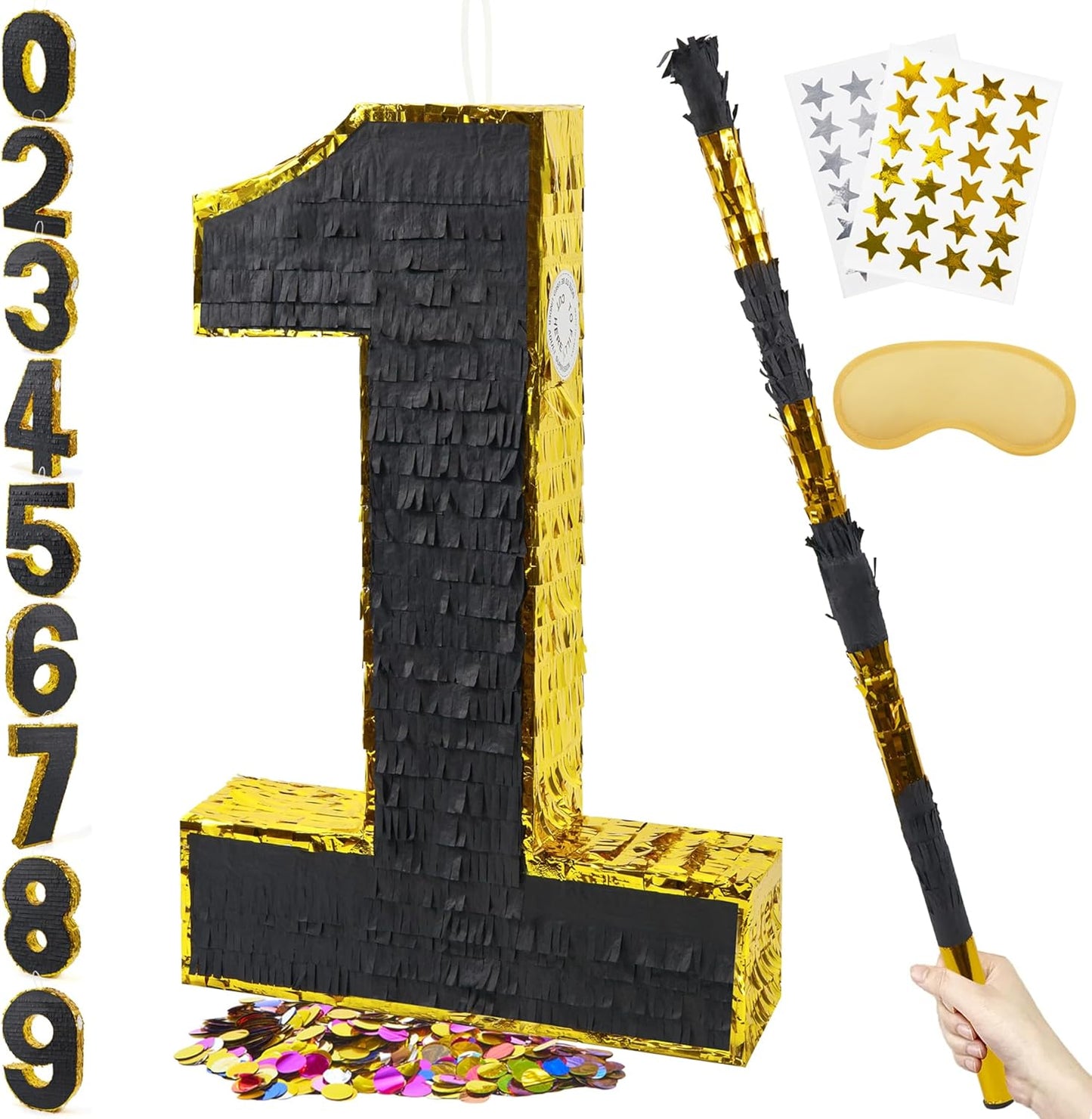 PCFING 20 Inch Number 1 Piñata Gold Black with 30 Inch Piñata Stick Blindfold Confetti for Man Women Boys Girls Birthday Party Decorations, Anniversary Celebration, Fiesta
