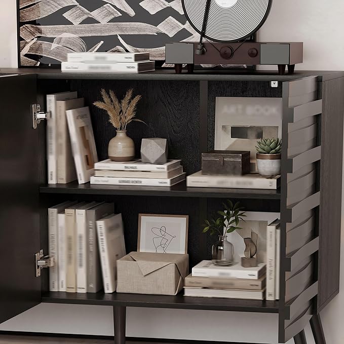 Fluted Storage Unit Cabinet, Modern Black Console Cabinets - Image 6
