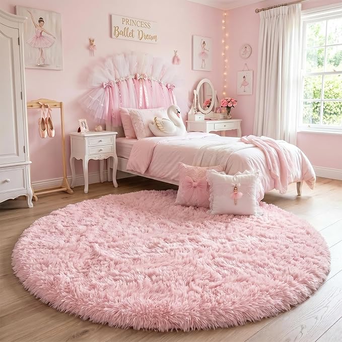 Pink Fluffy Round Rug 5Ft for Girls Bedroom Decor Aesthetic, Shaggy Circle Area - Image 5