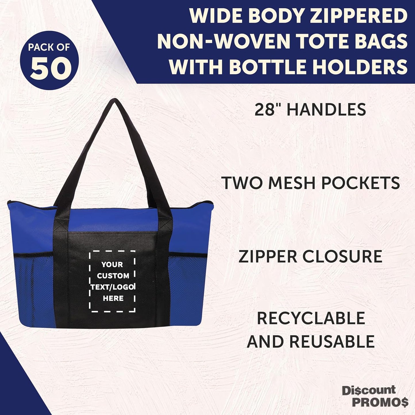 DISCOUNT PROMOS 50 Zippered Non-Woven Tote Bags Set - Customizable Text, Logo - Mesh Pocket, Zippered, Recyclable, Reusable - Blue - 19"X14"X3", with Zipper