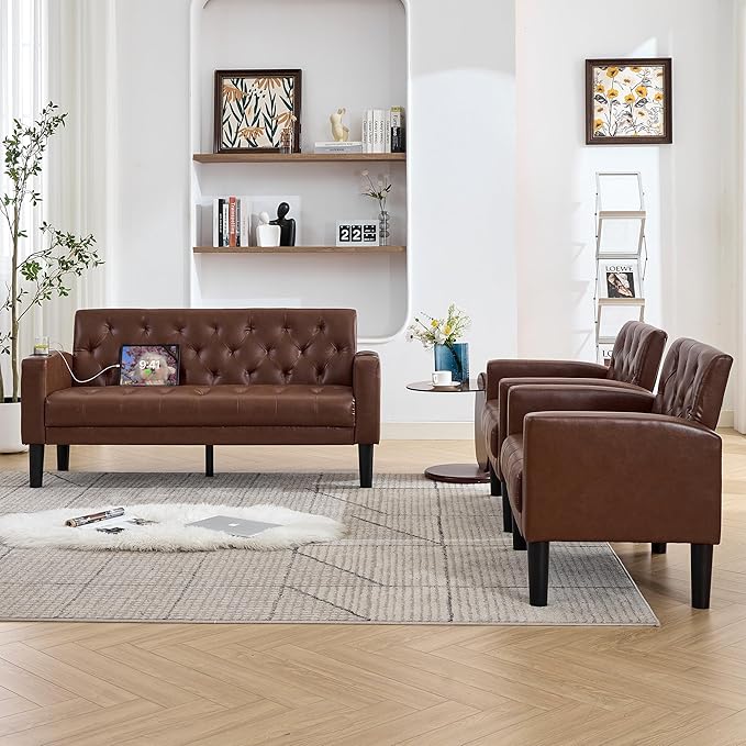 TYBOATLE 62" W Leather Loveseat w/Chairs, 3 Piece Sofa Sets - Image 4
