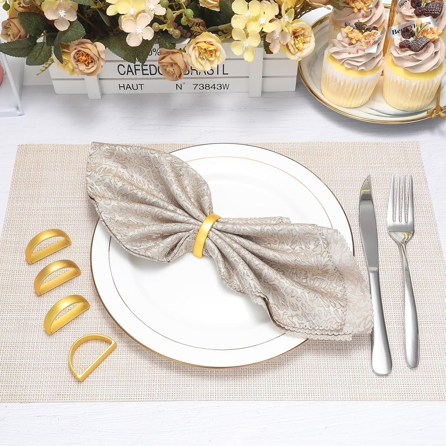KPOSIYA Napkin Rings Set of 8, Metal Gold Napkin Rings Bulk for Table Settings, D-Shape Napkin Holders Rings for Dinner Table Decor, Easter, Fall,Thanksgiving, Christmas, Party,（Matte Gold，8 pcs）