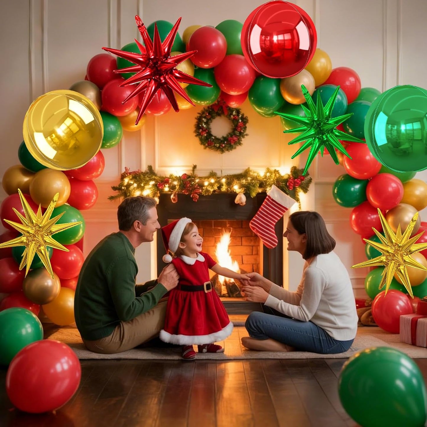 6Pcs Red Green Gold Foil Balloons,22Inch Green Red Gold 4D Round Ball Balloon and Explosion Star Balloon for Christmas Birthday Wedding Baby Shower Anniversary Party Decorations