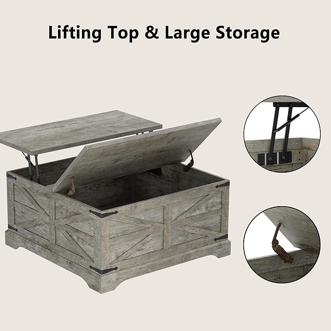 Furnideco 35.5''W Square Coffee Table Farmhouse Lift top Coffee Table - Image 7
