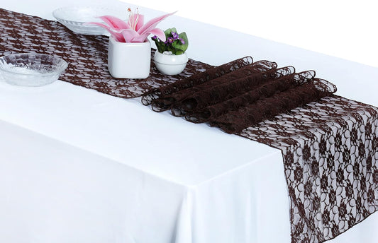 MDS Pack of 25 Wedding 12 x 108 inches Lace Table Runner for Wedding, Decorations for Birthday Parties, Banquets, Graduations, Engagements, and Runners fit Rectangle, Round Table- Coffee