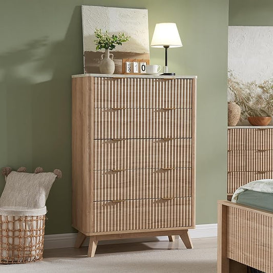T4TREAM Fluted 5 Drawers Dresser, Curved Profile Design, Wood Drawer Organizer by T4TREAMFurniture